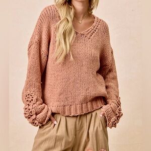 💖Hello Gorgeous! BiBi Chunky Knit Sweater with Flower Detail Sleeves-Dusty Peach
